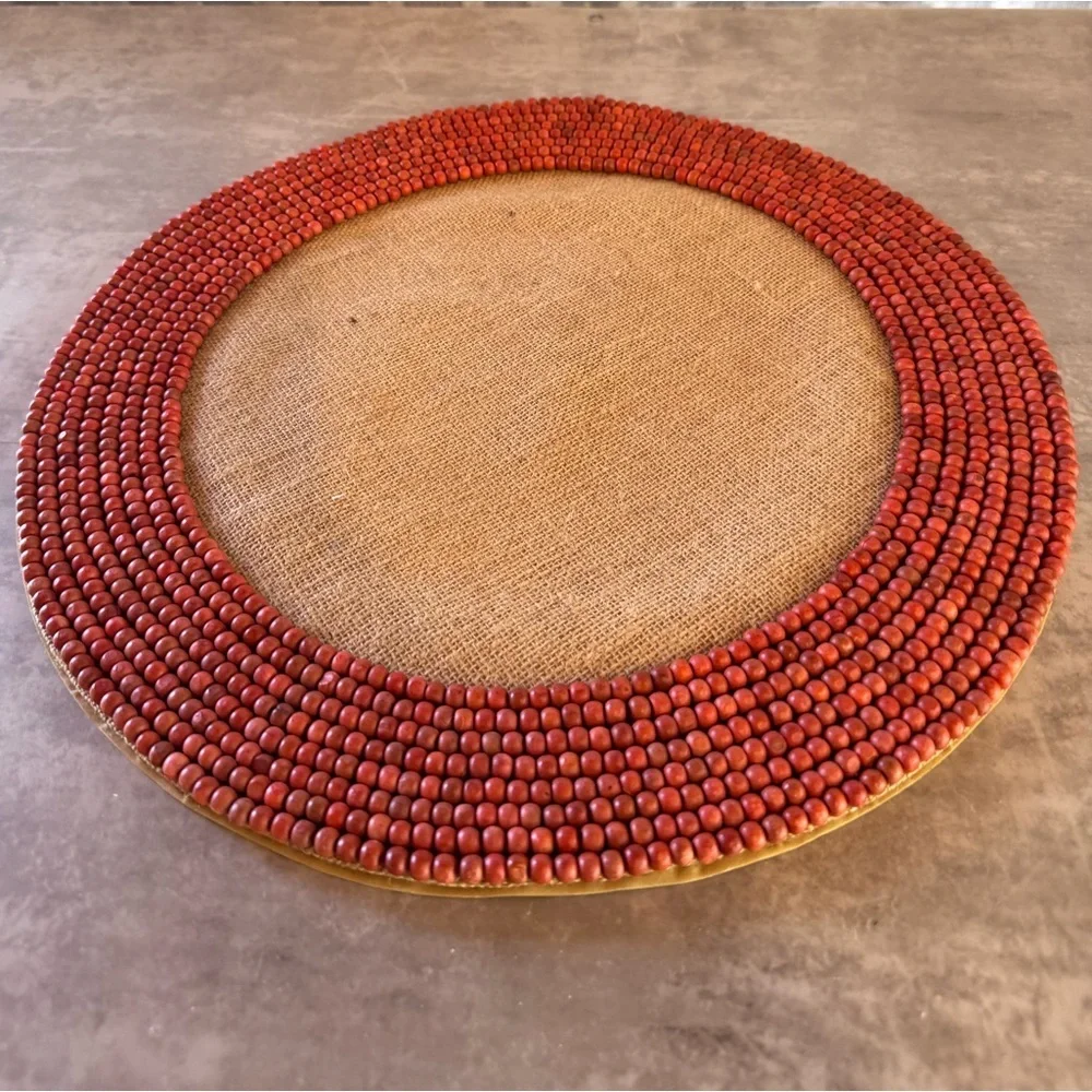 Cost Plus World Market Round Jute Beaded Charger Tan, Burgundy